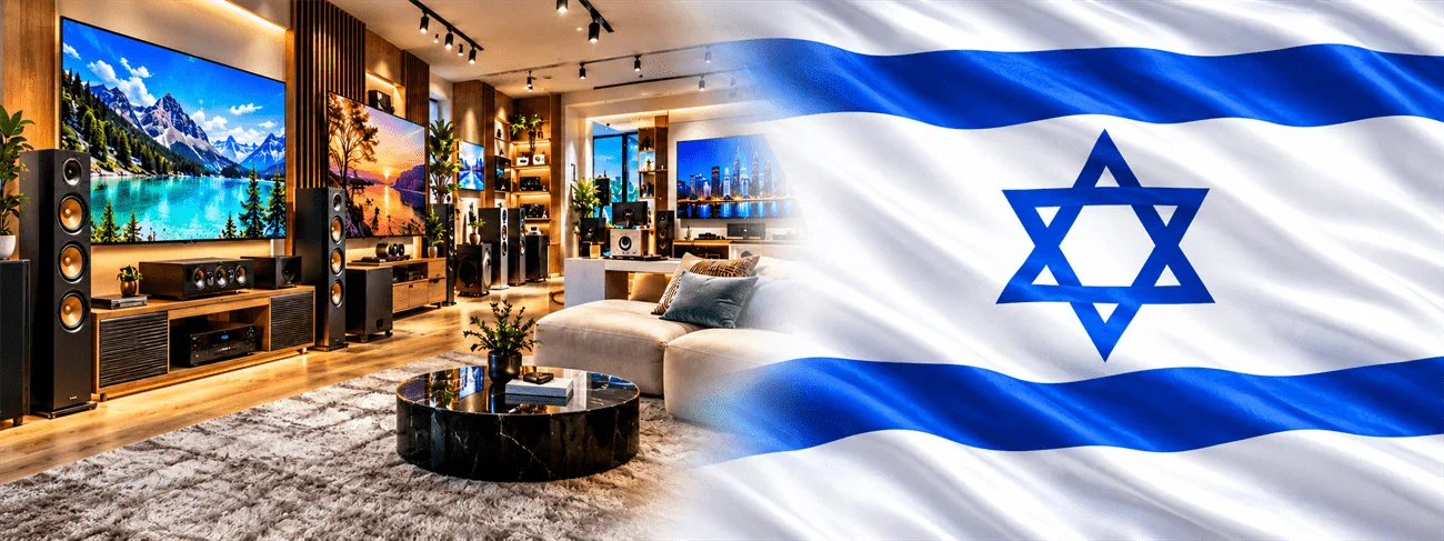 דגל ישראל לצד אולם תצוגה לקולנוע ביתי — התמונה שנבחרה לבאנר