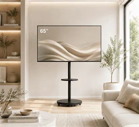 מעמד רצפתי נייד עם גלגלים נסתרים למסכים עד 65″ דגם AL-65 שחור מט
