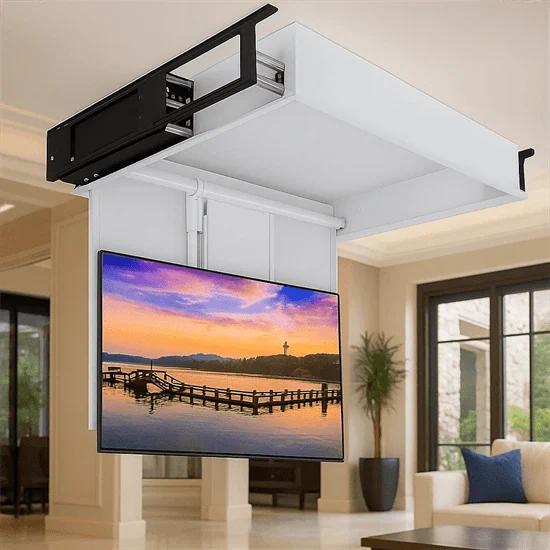 מתקן תקרתי ממונע סמוי לטלויזיה עד 65 אינץ עם מהלך ירידה